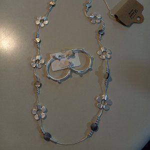 36" silver floral necklace and silver hoops with clear studs